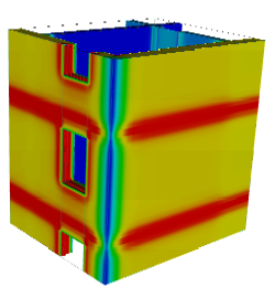 Colormap image created with AnTherm to visualize the distribution of heat flow flux at one space surrounded by 8 interior spaces at the edge of the building (10-space case) [the exemplary coloured image show the heat flux distribution; regions shown in red emphasize high heat stream densities]